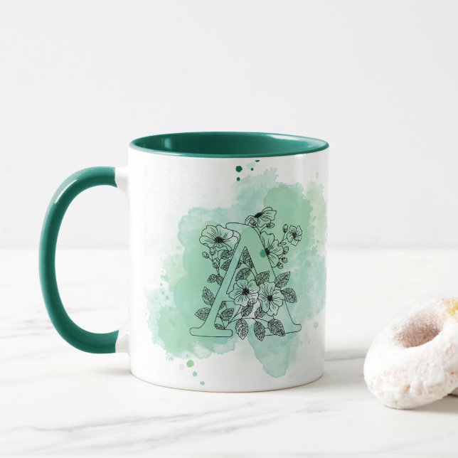 Initial A Watercolor Monogram Green Botanical  Mug (With Donut)