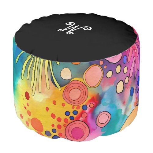 *~* *~*  Initial  ABSTRACT  Happy 3 Bold Colors  Pouf