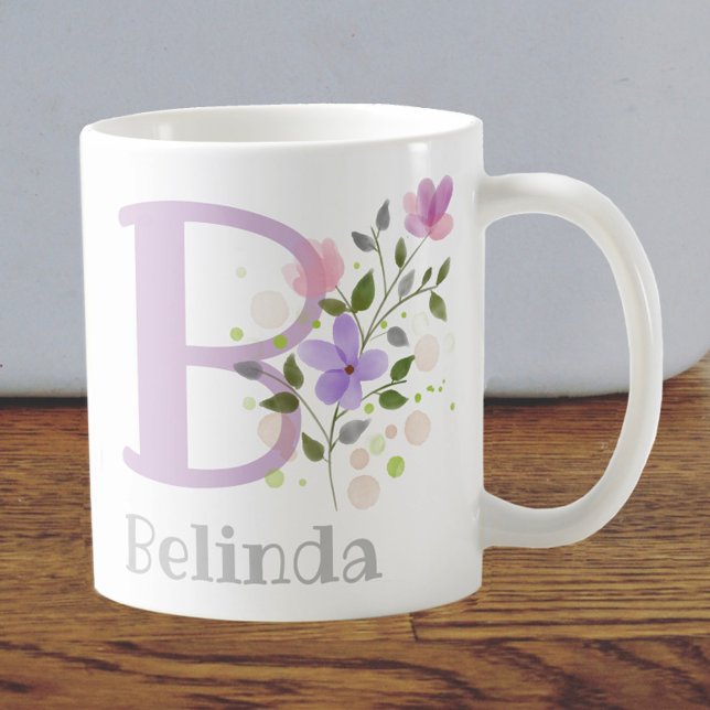 Initial and Name Belinda with Flowers Personalised Coffee Mug (Creator Uploaded)