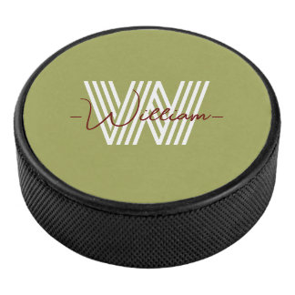 Initial and script monogrammed birthday olive hockey puck