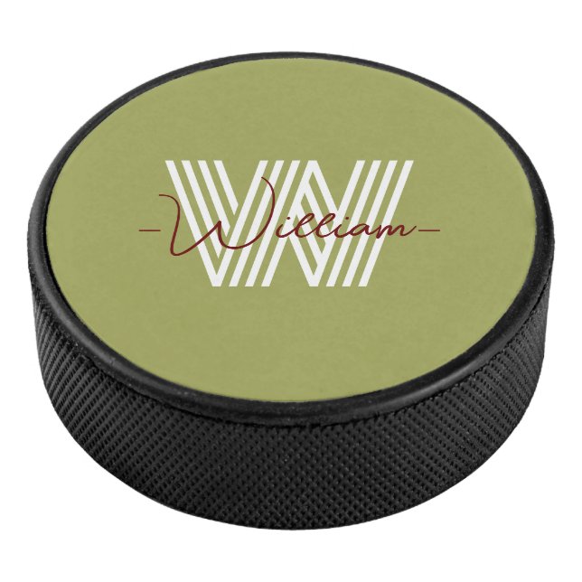Initial and script monogrammed birthday olive hockey puck (3/4)