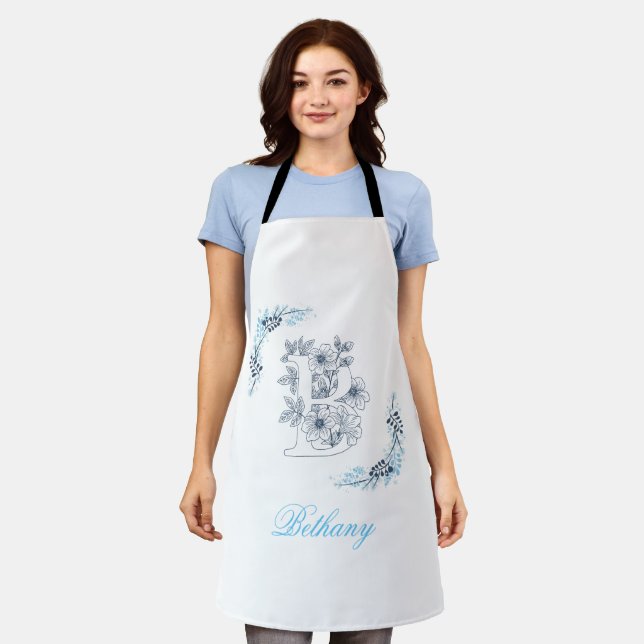 Initial "B" Blue Monogram Calm Floral Apron (Worn)