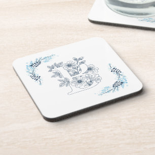 Initial "B" Blue Monogram Calm Floral Beverage Coaster