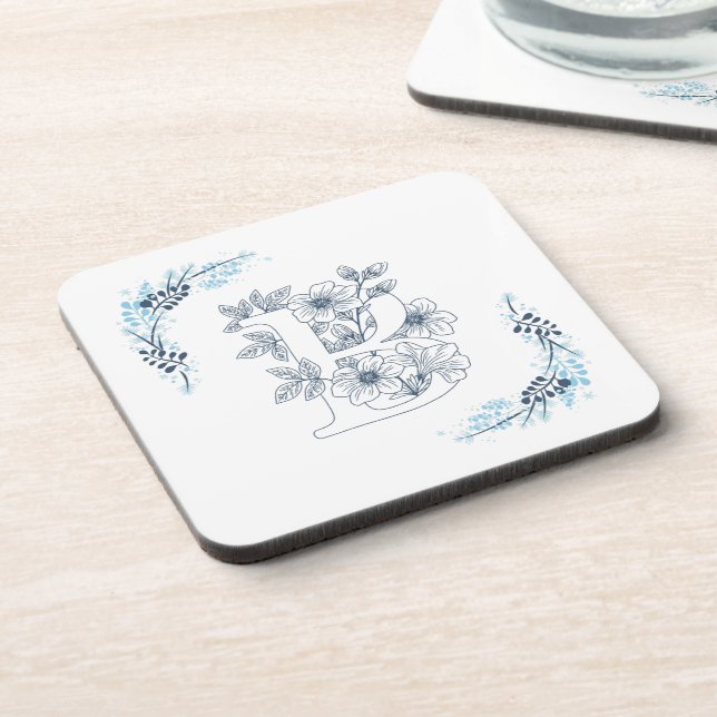 Initial "B" Blue Monogram Calm Floral Beverage Coaster (Left Side)
