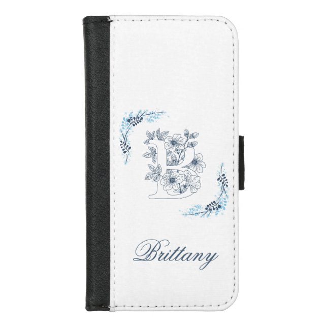 Initial "B" Blue Monogram Calm Floral iPhone Wallet Case (Front)