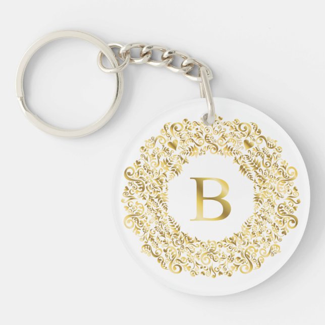 Initial B golden Damask Classic Pattern  Keychain (Front)