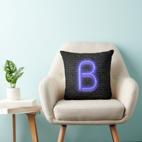 Initial B in Neon Lighting on Brick   Throw Pillow