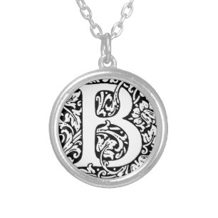 Initial B Monogram. Customized Name Floral Pattern Silver Plated Necklace