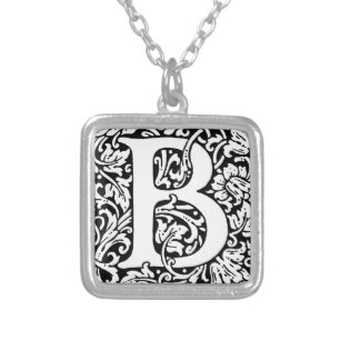 Initial B Monogram. Customized Name Floral Pattern Silver Plated Necklace