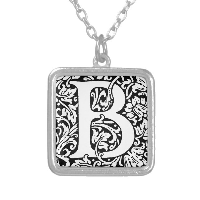 Initial B Monogram. Customized Name Floral Pattern Silver Plated Necklace (Front)