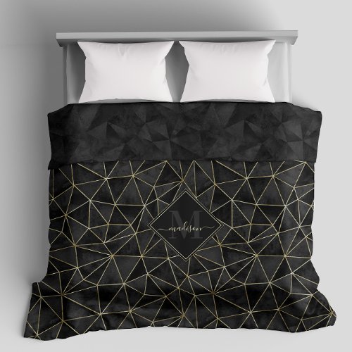 Initial Black and Gold Geometric Triangles Elegant Duvet Cover