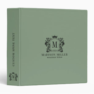 Initial black crest scrolls crown on green 3 ring binder