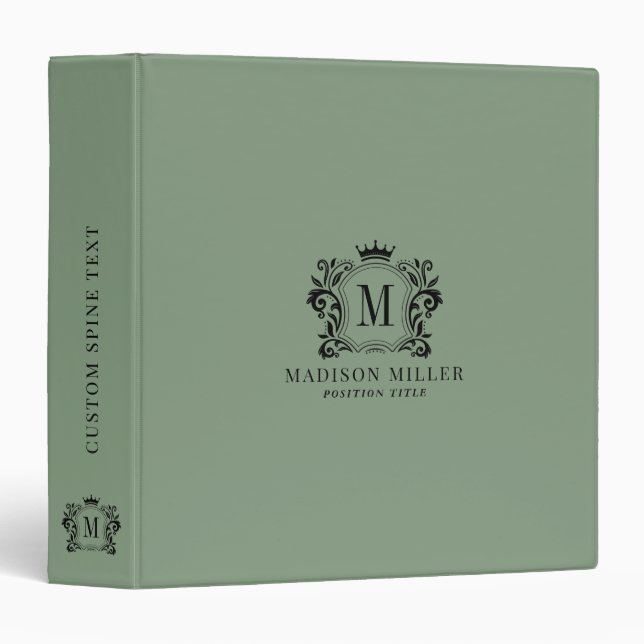 Initial black crest scrolls crown on green 3 ring binder (Front/Spine)