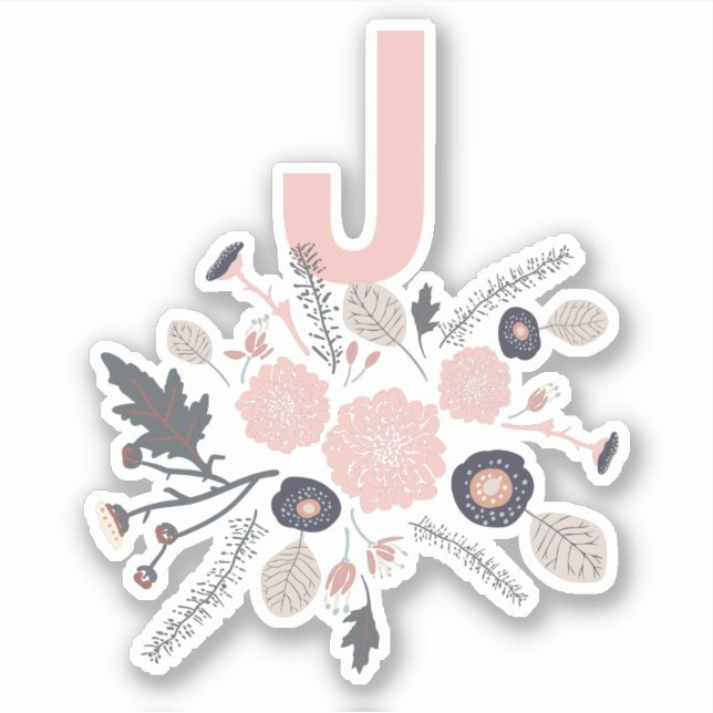 Initial Botanical Flowers Black Pink Pattern Sticker (Front)