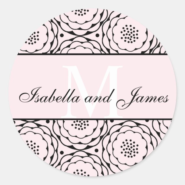 Initial Bride Groom Names Wedding Pink Floral Classic Round Sticker (Front)