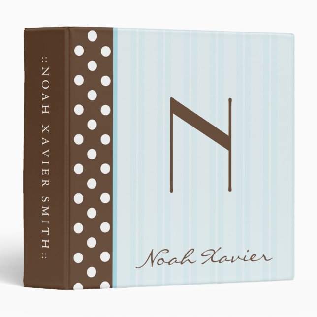 Initial Brown Polkadots/Blue Stripes 3 Ring Binder (Front/Spine)