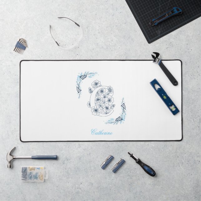 Initial "C" Blue Monogram Calm Floral Desk Mat (Workstation)