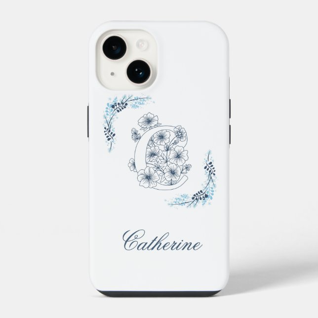 Initial "C" Blue Monogram Calm Floral Iphone Case (Back)