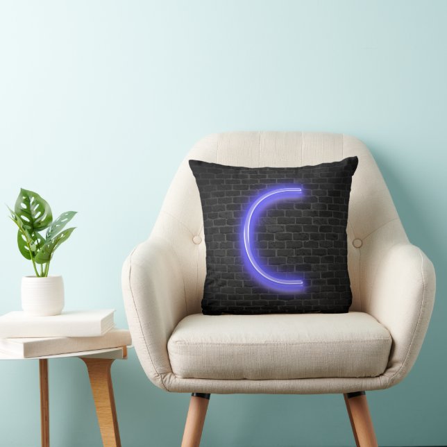 Initial C in Neon Lighting on Brick  Throw Pillow (Chair)