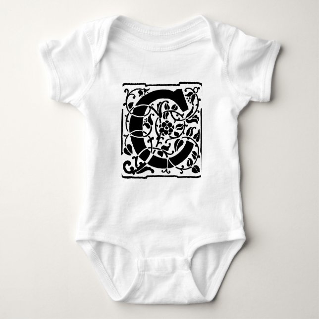 Initial C Monogram. Floral Name Customized Pattern Baby Bodysuit (Front)