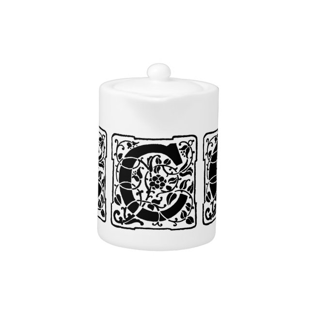 Initial C Monogram. Floral Name Customized Pattern Teapot (Front)