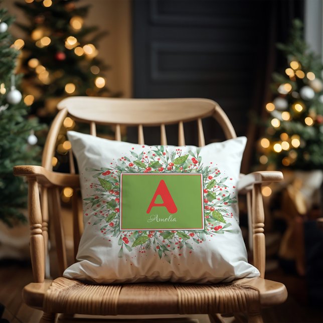 Initial Christmas Green  Red berrie Throw Pillow (Creator Uploaded)
