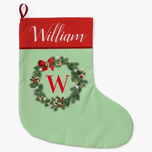 Initial Christmas Wreath Monogram   Large Christmas Stocking (Front)