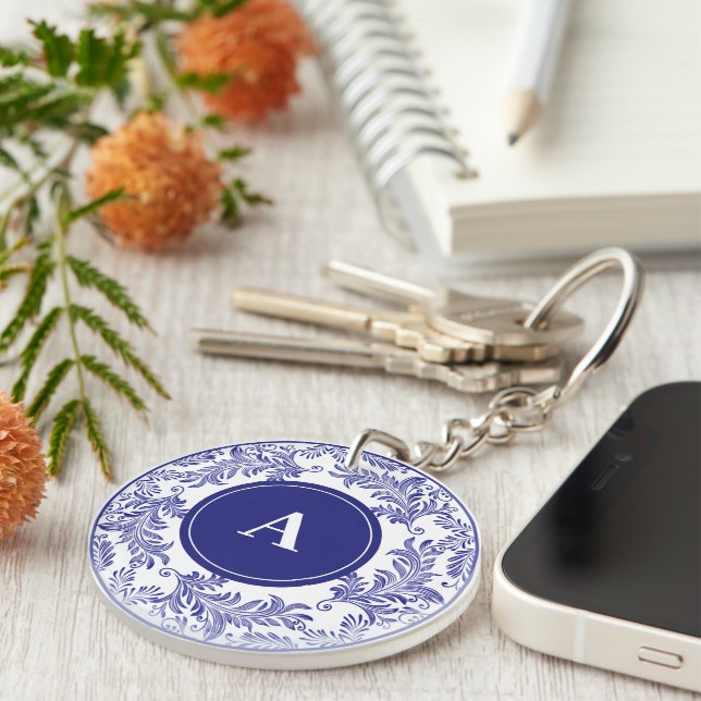 Initial Classic Blue White Floral Pattern  Keychain (Front Right)