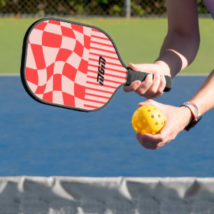 Initial cute pink and red trendy checkered Stripes Pickleball Paddle