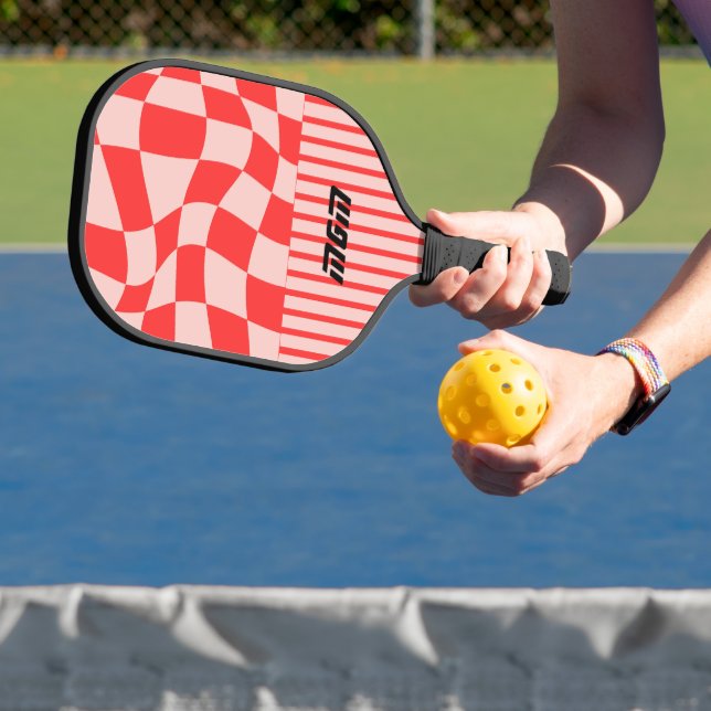 Initial cute pink and red trendy checkered Stripes Pickleball Paddle (Insitu)