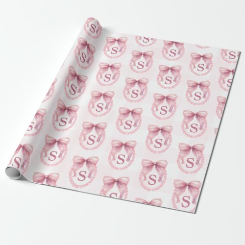 Initial Cute Pink Bow Coquette Custom Wrapping Paper