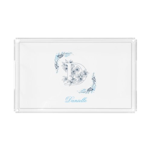 Initial D Blue Monogram Calm Floral Acrylic Tray