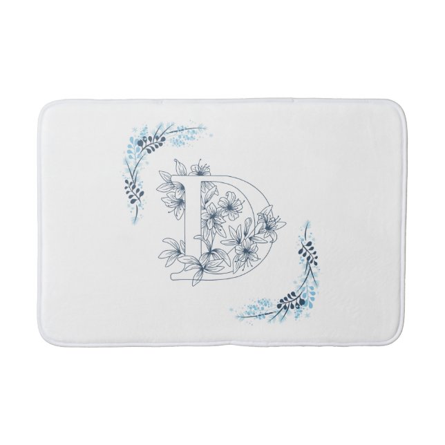 Initial "D" Blue Monogram Calm Floral Bath Mat (Front)