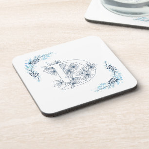 Initial "D" Blue Monogram Calm Floral Beverage Coaster
