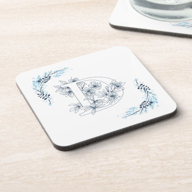 Initial "D" Blue Monogram Calm Floral Beverage Coaster (Left Side)