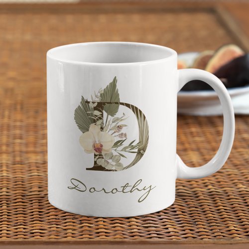 Initial D Boho Floral Orchid Greenery Custom Name Coffee Mug