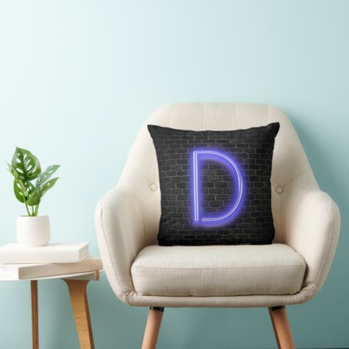 Initial D in Neon Marquee On Brick  Throw Pillow