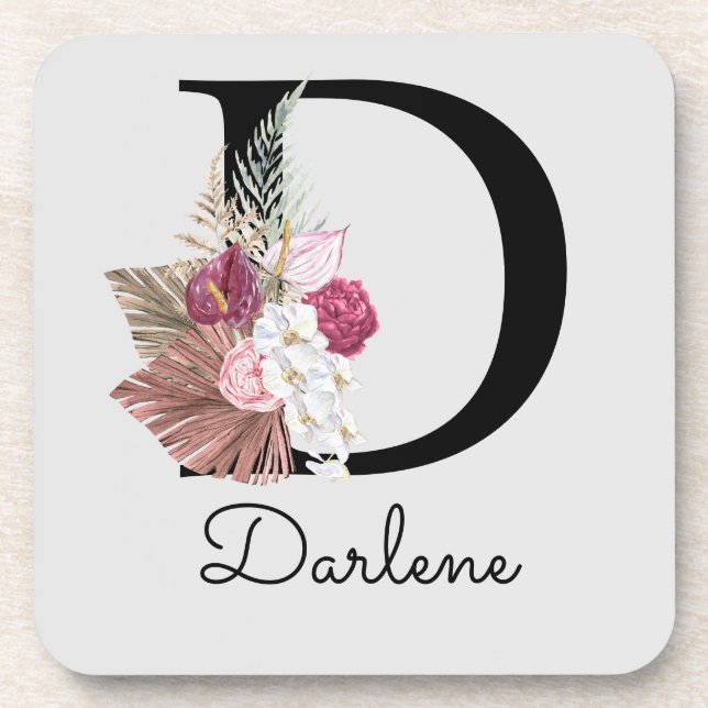 Initial D Modern Pink Boho Girly Floral Beverage Coaster (Front)