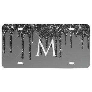 Initial Drip Glitter Black Grey License Plate
