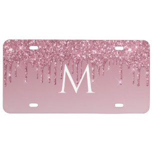 Initial Drip Glitter Blush Pink License Plate