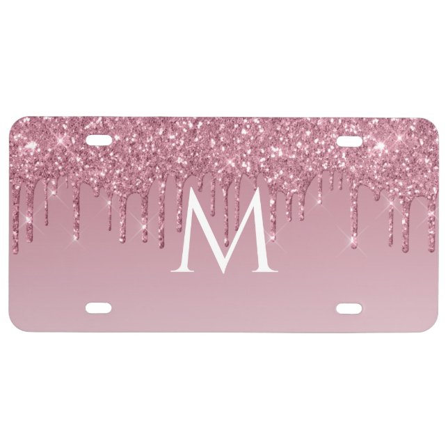 Initial Drip Glitter Blush Pink License Plate (Front)