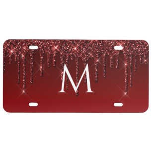 Initial Drip Glitter Wine Burgundy License Plate