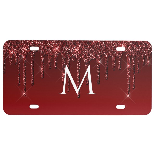 Initial Drip Glitter Wine Burgundy License Plate (Front)