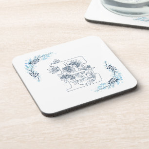 Initial "E" Blue Monogram Calm Floral Beverage Coaster