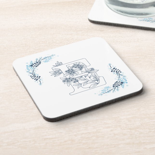 Initial "E" Blue Monogram Calm Floral Beverage Coaster (Left Side)