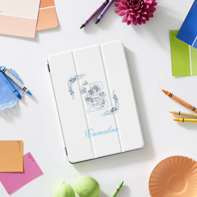 Initial "E" Blue Monogram Calm Floral iPad Pro Cover (Desk)