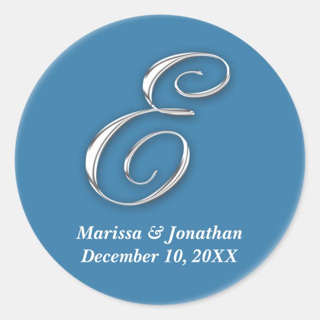 Initial E blue monogram custom name favor seal (Front)