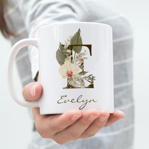 Initial E Boho Floral Orchid Greenery Custom Name Coffee Mug