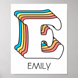 Initial E Letter Name Cute Rainbow Alphabet Poster