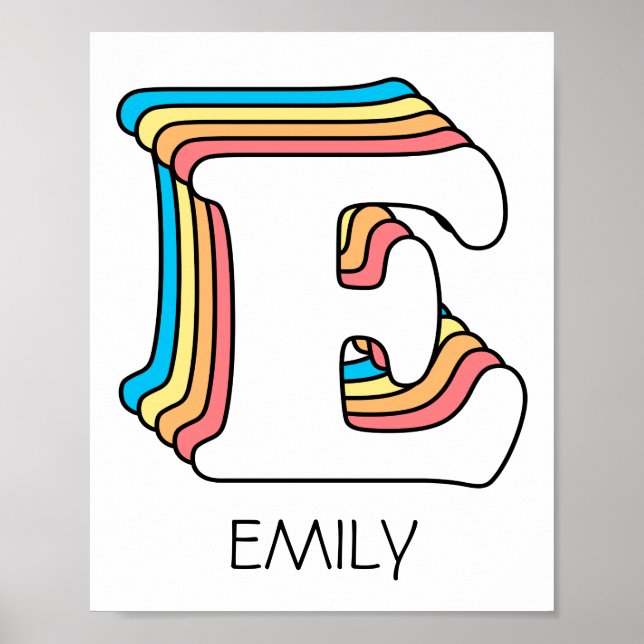Initial E Letter Name Cute Rainbow Alphabet Poster (Front)